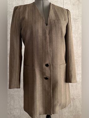 KASPER Career Brown/Tan Vertically Striped Long Lined Jacket Blazer Dress Sz 10